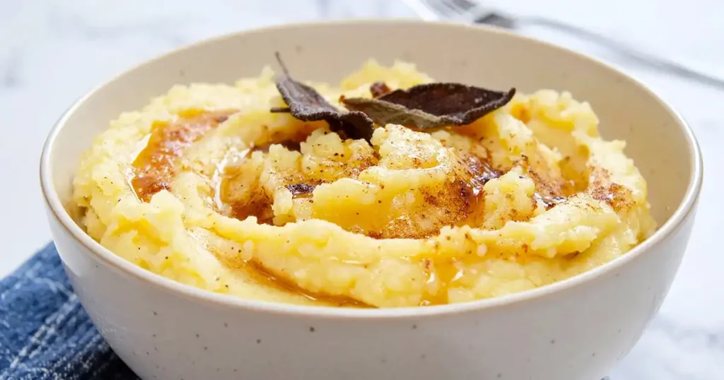 Simple mashed potatoes with brown butter and crispy sage leaves