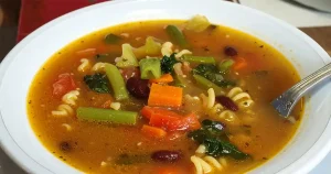 Minestrone soup with vegetables and ditalini pasta