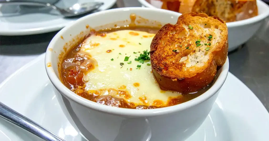 French Onion Soup, Top with toasted bread and a bubbly and golden cheese