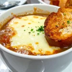 French Onion Soup, Top with toasted bread and a bubbly and golden cheese