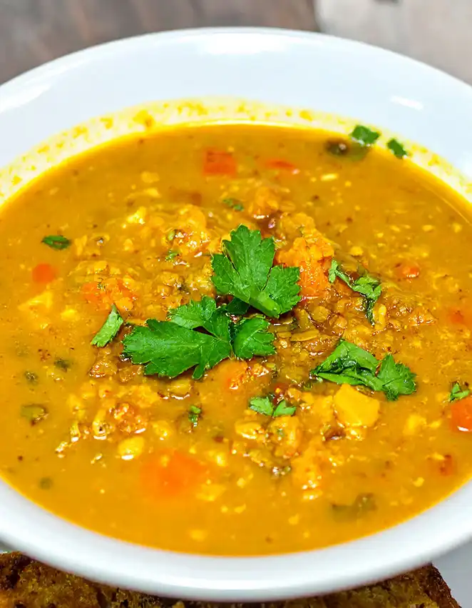 Chunky lentil soup with carrots and veggies