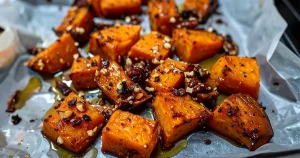 Roasted Sweet Potatoes in the oven with maple and pecans