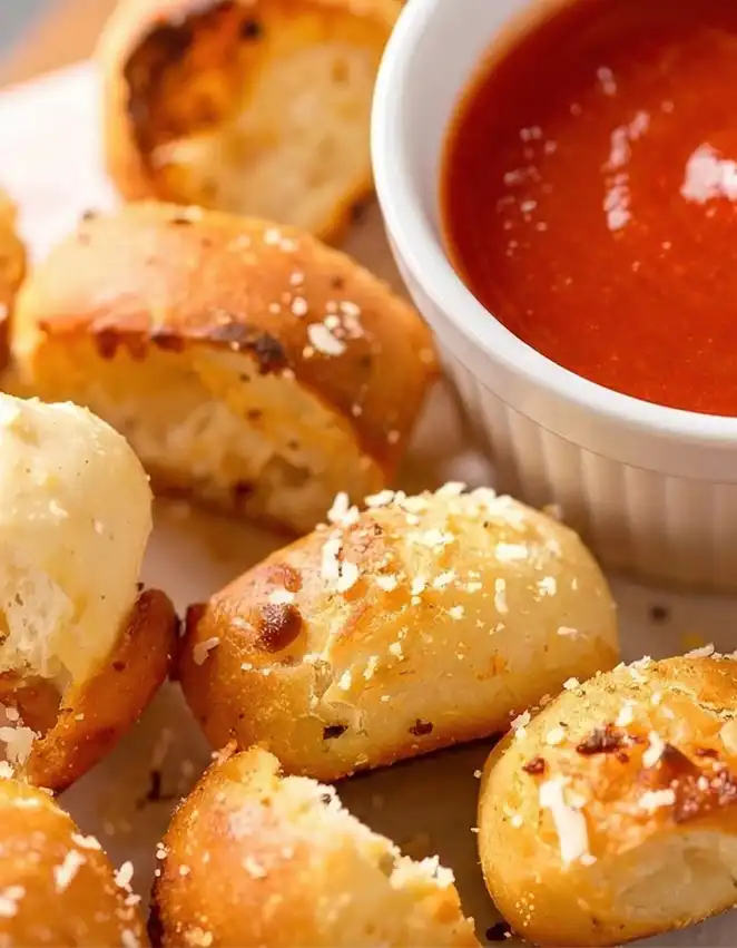 Parmesan bread bites with hot sauce