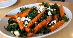 Roasted Carrot sticks and Kale, topped with Goat Cheese Crumbles