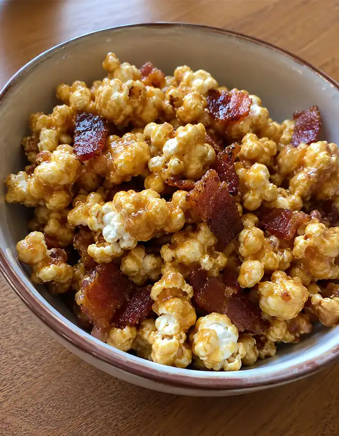 Bacon caramel popcorn in a bowl