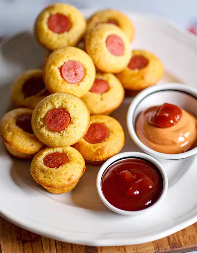 Mini Corn Dog Muffins with hot dogs