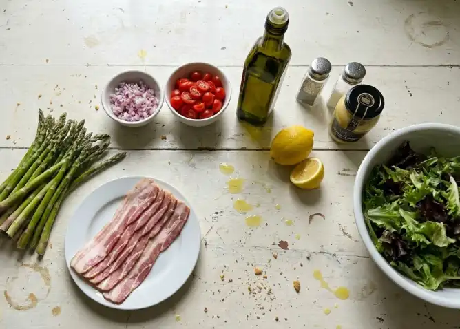 Ingredients for asparagus and greens salad