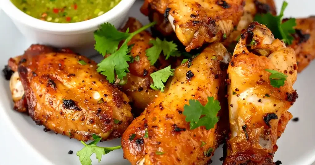 Chicken wings are baked and coated in cilantro lime dressing