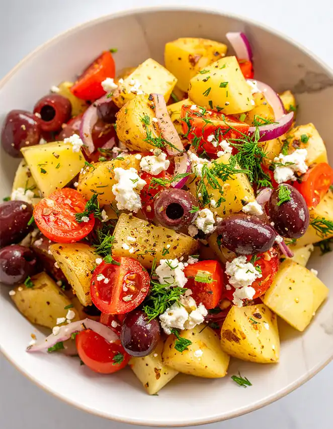 Greek potato salad with olive lemon dressing