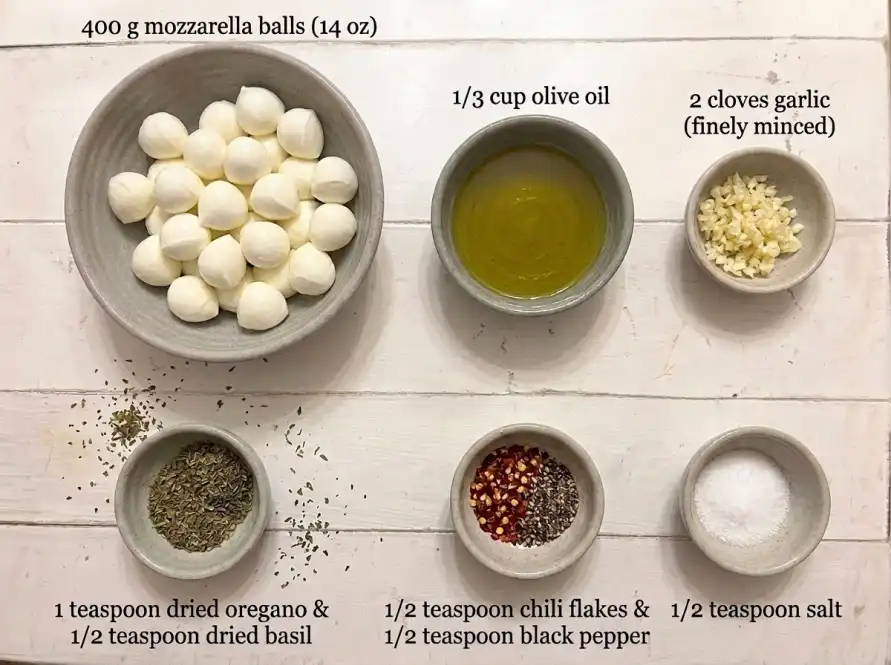 Spicy marinated mozarella cube ingredients