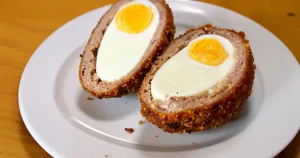 2 half of a baked scotch eggs on the plate