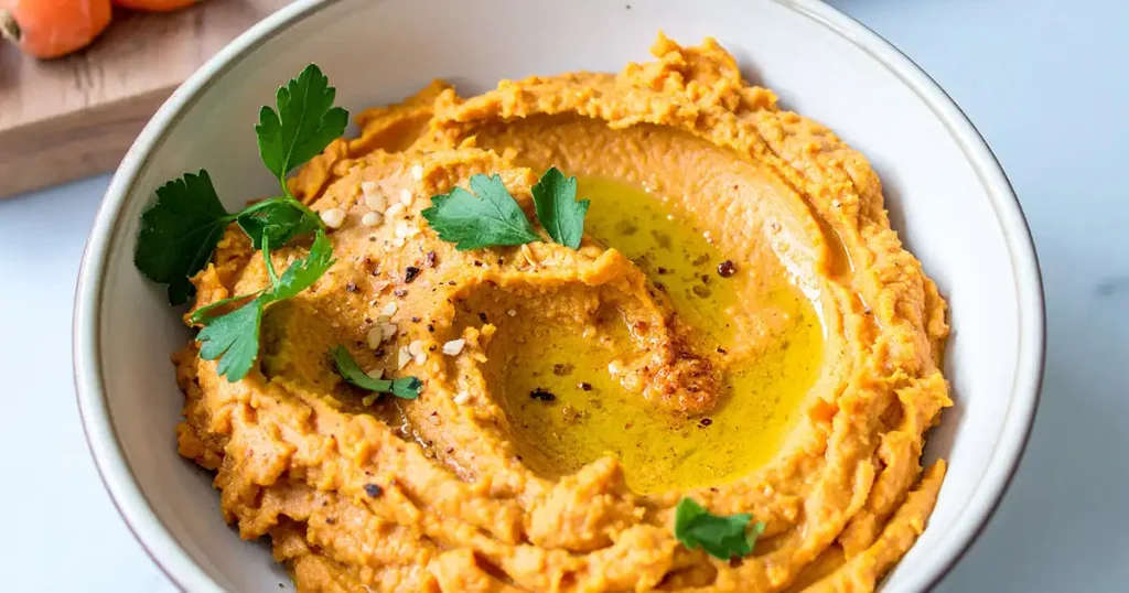 A bow of carrot hummus with chickpeas