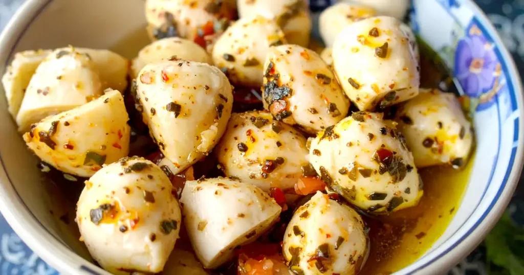 A bowl of marinated mozzarella cubes with herbs and spices