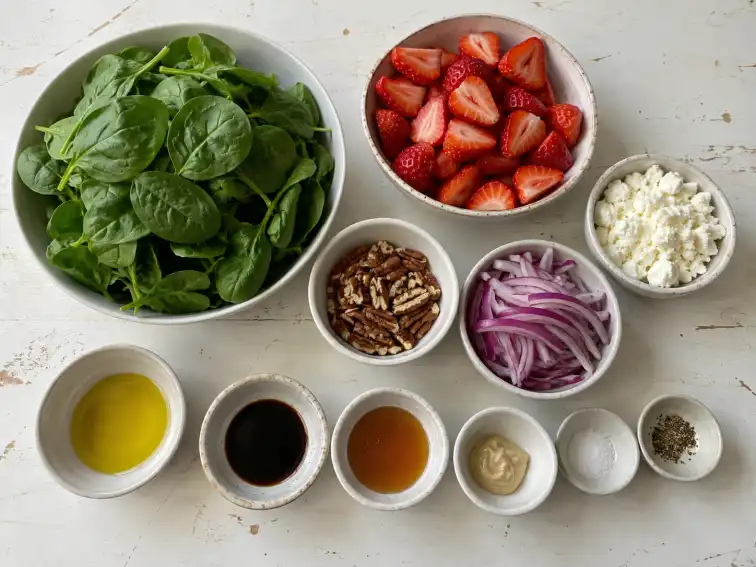Strawberry spinach salad with goat cheese ingredients