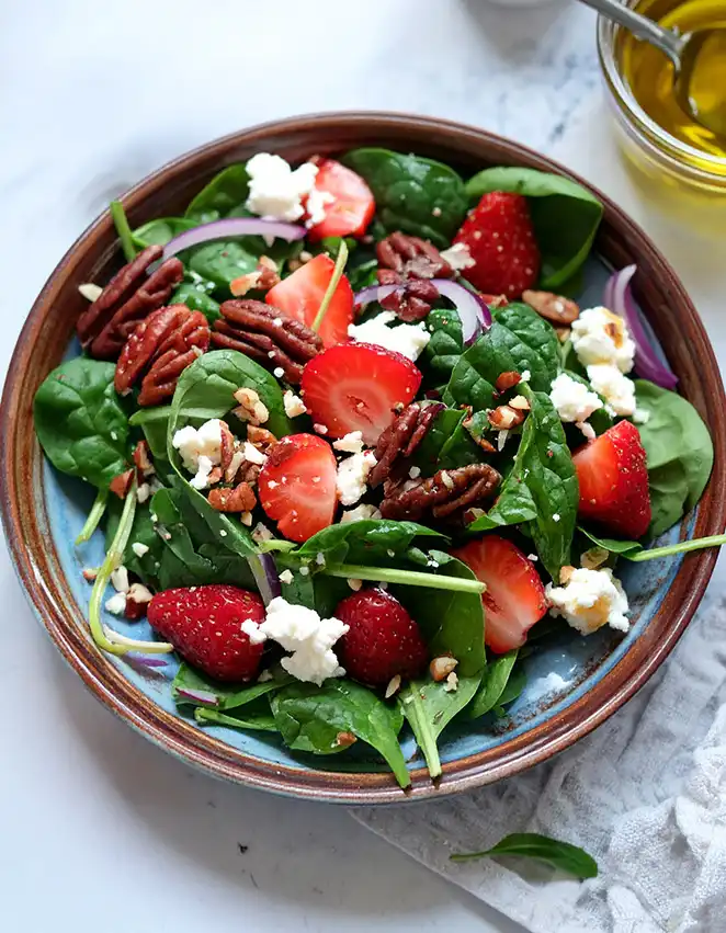 Strawberry salad with goat cheese, mix greens, and pecans