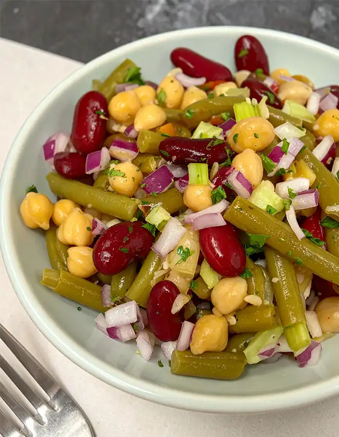 A bowl of three bean salad with canned bean salad