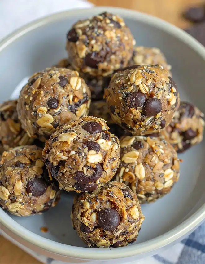 High-Protein Energy Bites with old-fashioned rolled oats, mini chocolate chips, chia seeds