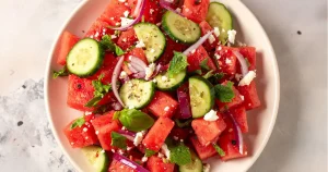 Watermelon Salad with cucumber and feta crumbles