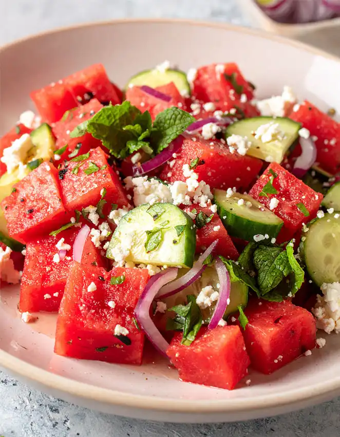 Watermelon Cucumber Feta Salad with mint and basil