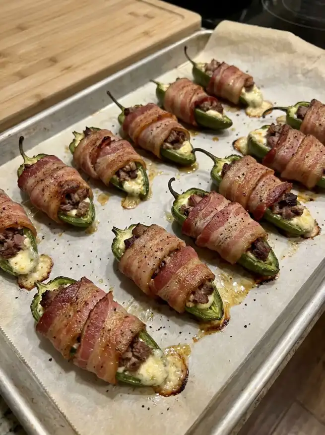 Jalapeno is stuffed with cream cheese and brisket, wrapped with bacon