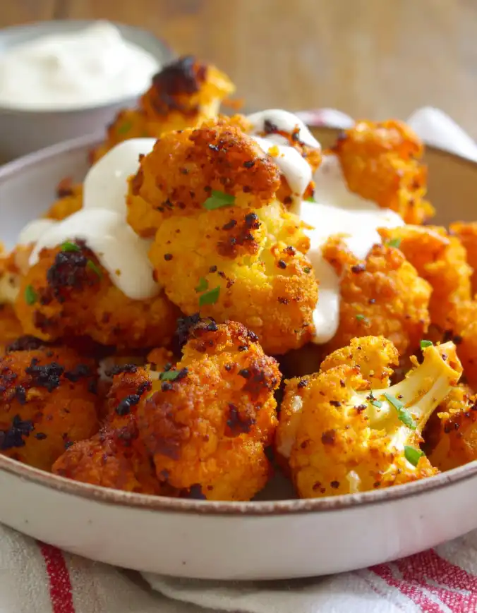  Crispy Baked Buffalo Cauliflower Wings drizzled with ranch dressing