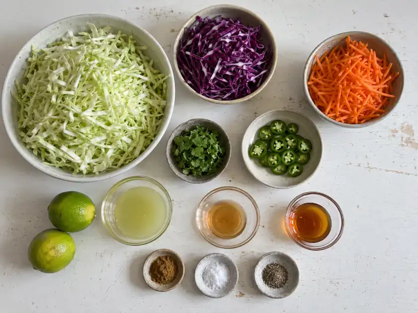 Green and red cabbage slaw ingredients