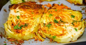 Oven baked cabbage steak, sprinkled with chopped parsley
