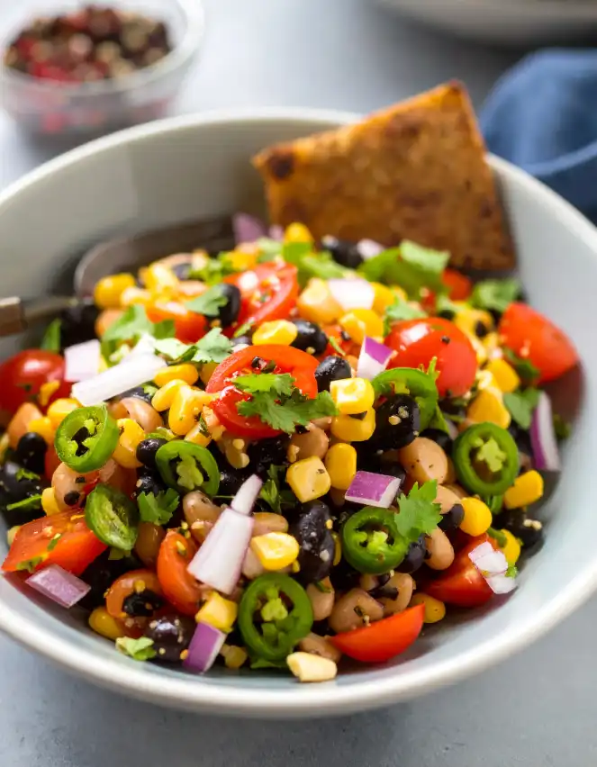 A bowl of Cowboy Caviar dip served with tortilla chips