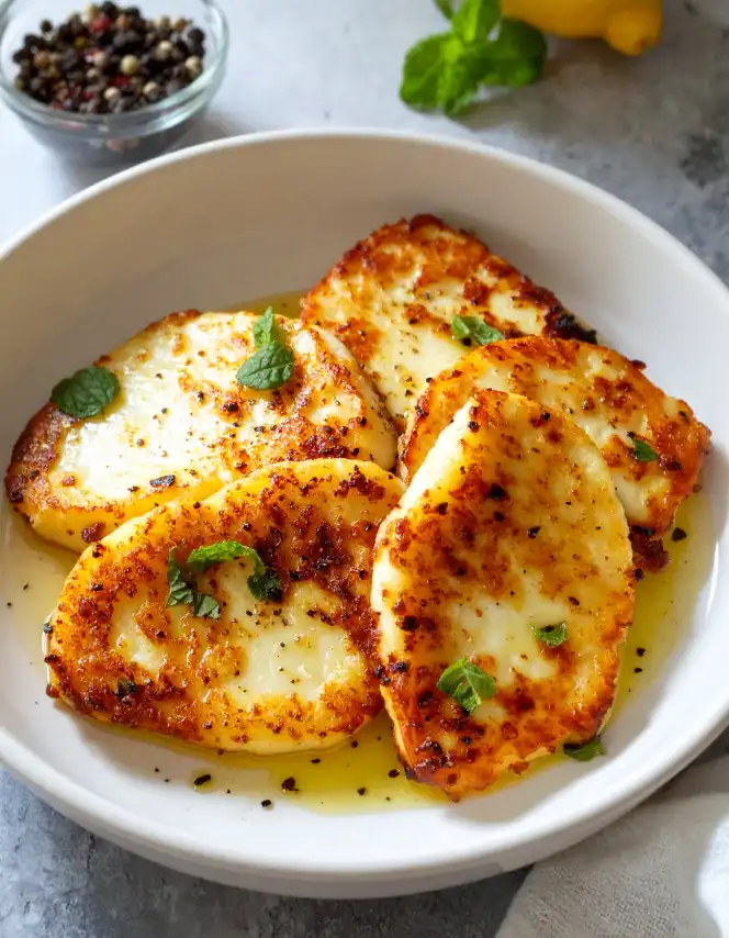 A bowl of pan fried halloumi cheese with min leaves