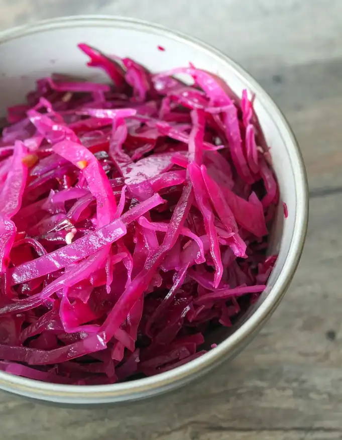 A bowl of pickled red cabbage