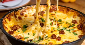 Queso Fundido with chorizo, sprinkled with chopped cilantro