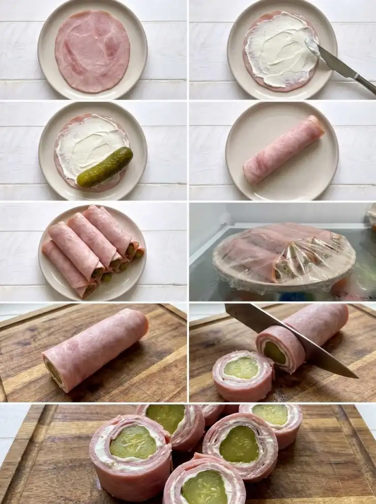 Ham and pickle roll ups step by step