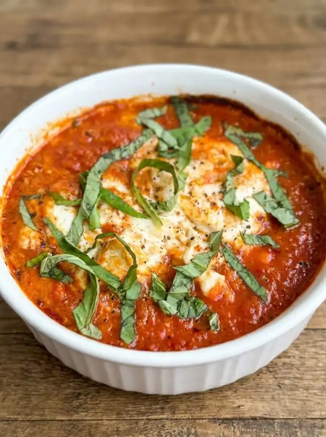 baked Goat Cheese Dip with mariana sauce, topped with chopped basil