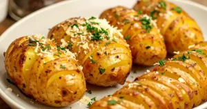 Crispy Hasselback Potatoes, sprinkled with grated parmesan cheese, garnished with chopped parsley