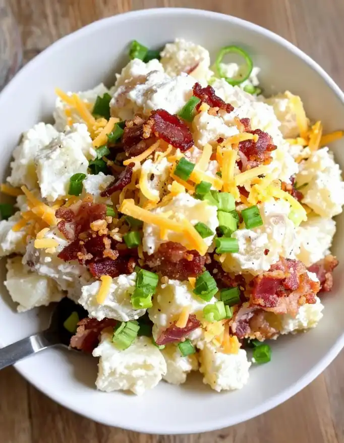 creamy Loaded Potato Salad with crumbled bacon, shredded cheddar cheese, and sliced green onions