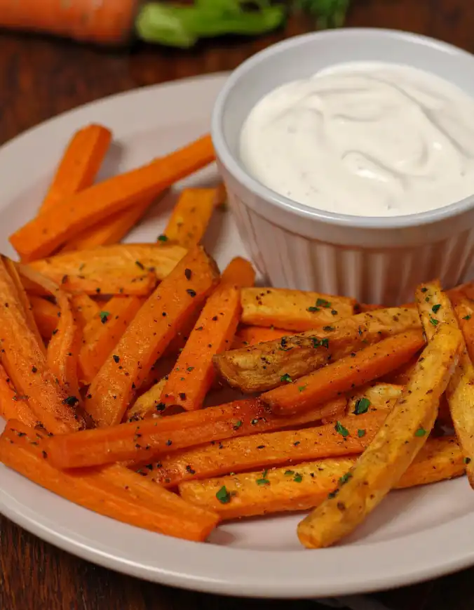 Carrot fries with ranch dressing