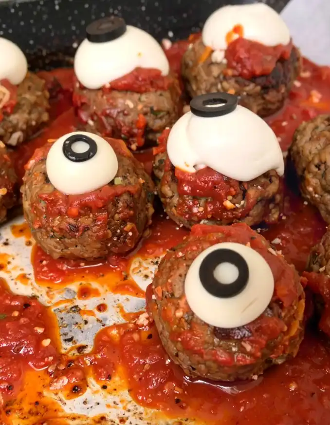 Halloween Meatballs with marinara sauce