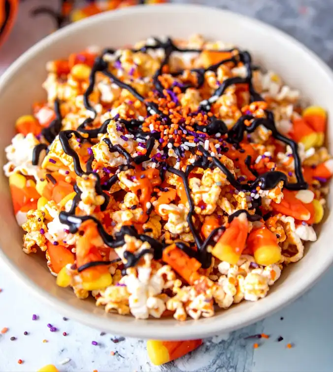 Halloween Popcorn, sprinkled with candy corn and Halloween sprinkles