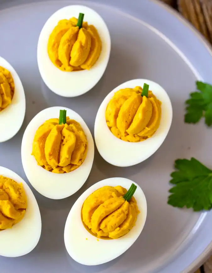 Pumpkin Deviled Eggs with chives