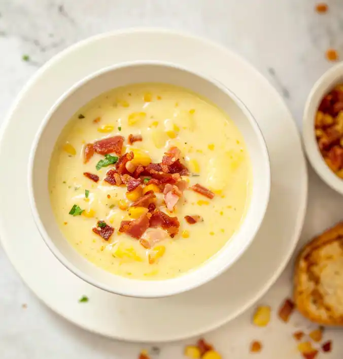 A bowl of Corn Chowder Soup with bacon