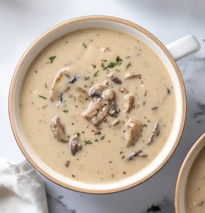 A cup of cream of mushroom soup
