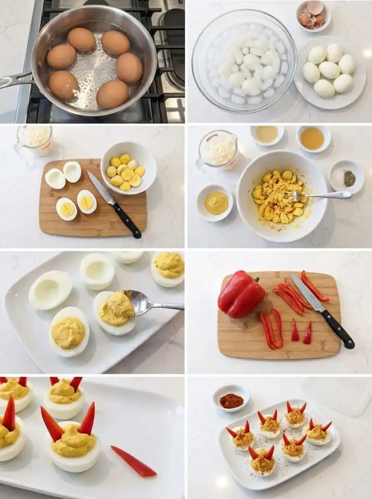 Halloween deviled eggs step by step