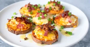 Sweet potato bites with cheddar cheese and bacon